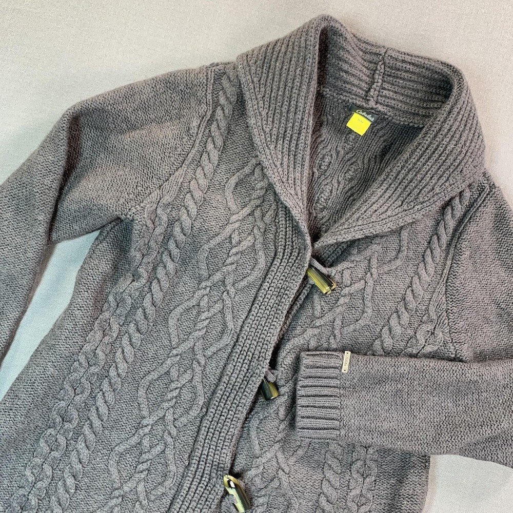 Cabela's Sweater Cardigan Women M Gray Cable Knit Shawl Collar Toggle Wool Blend